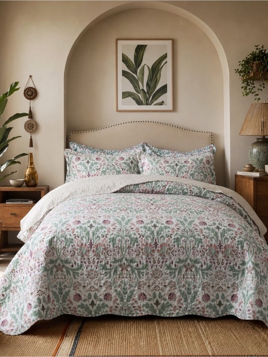 Anthropologie Other - NEW Anthro Green & Pink Floral Reversible Boho Queen King Bedding Quilt Sham Set